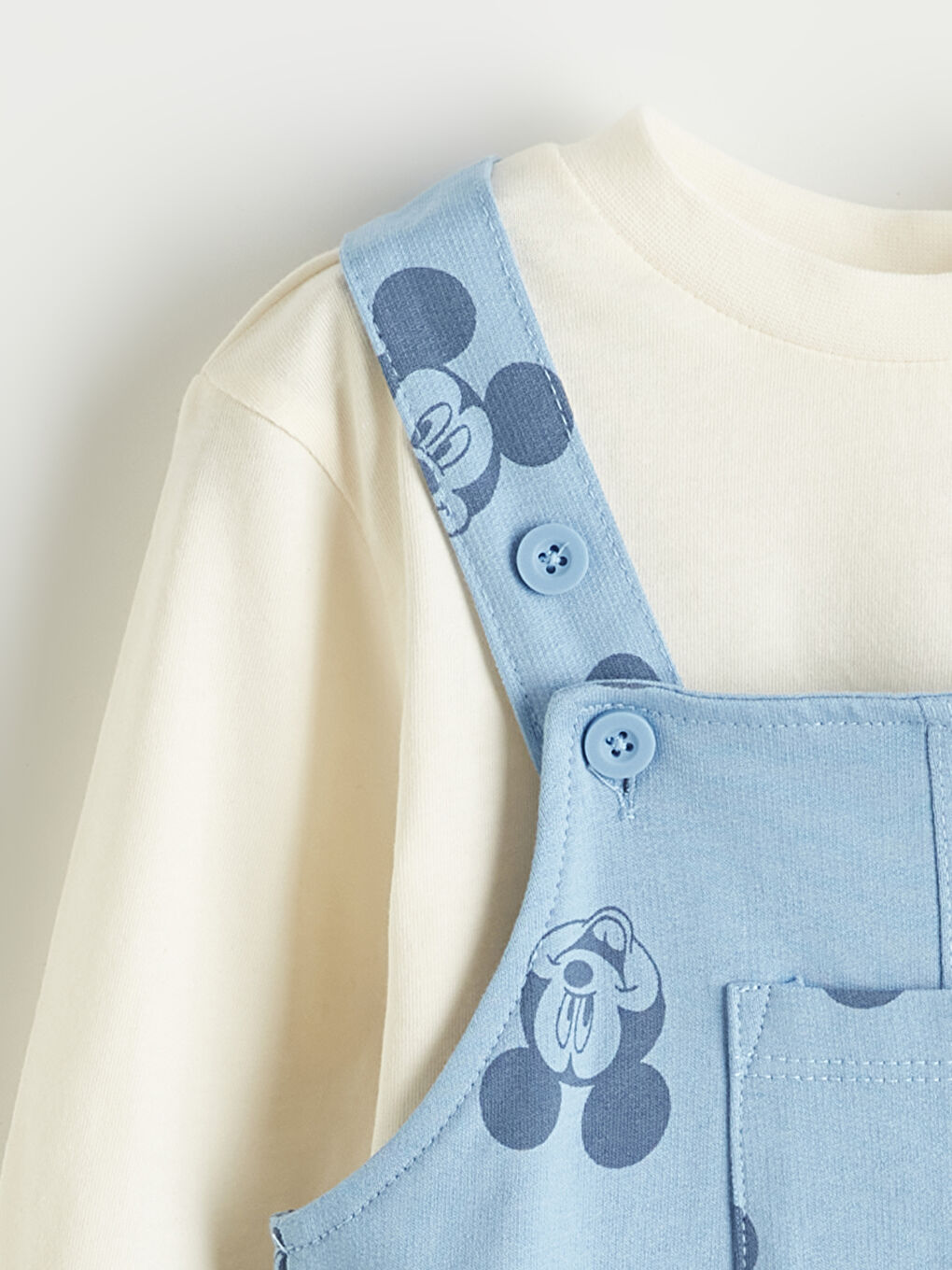 Ekru Mickey Mouse Baskılı Erkek Bebek Salopet ve Tişört-1