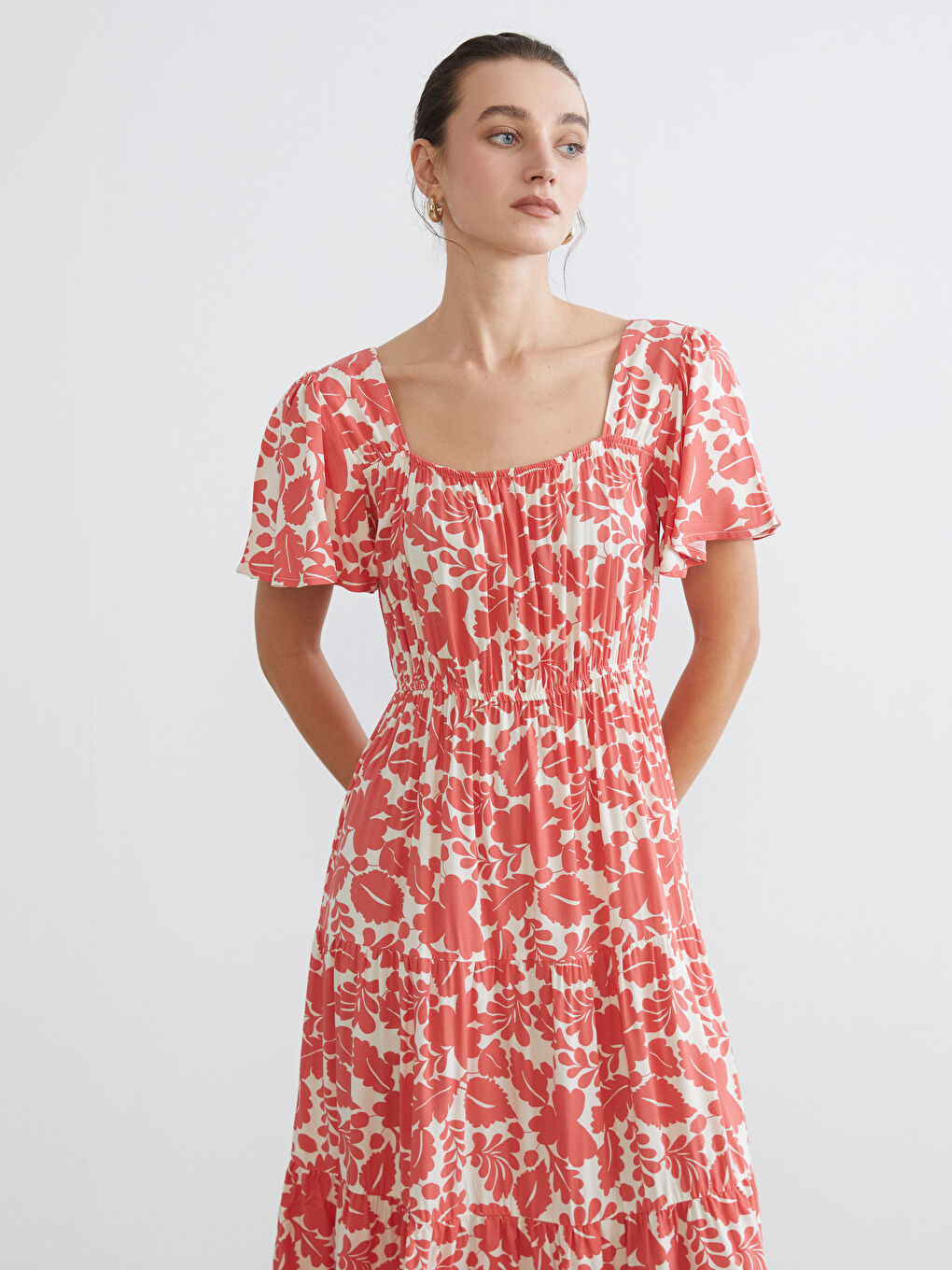 Rochie Maternitate Femei cu Talie Ajustată și Model Floral, Guler Pătrat-1