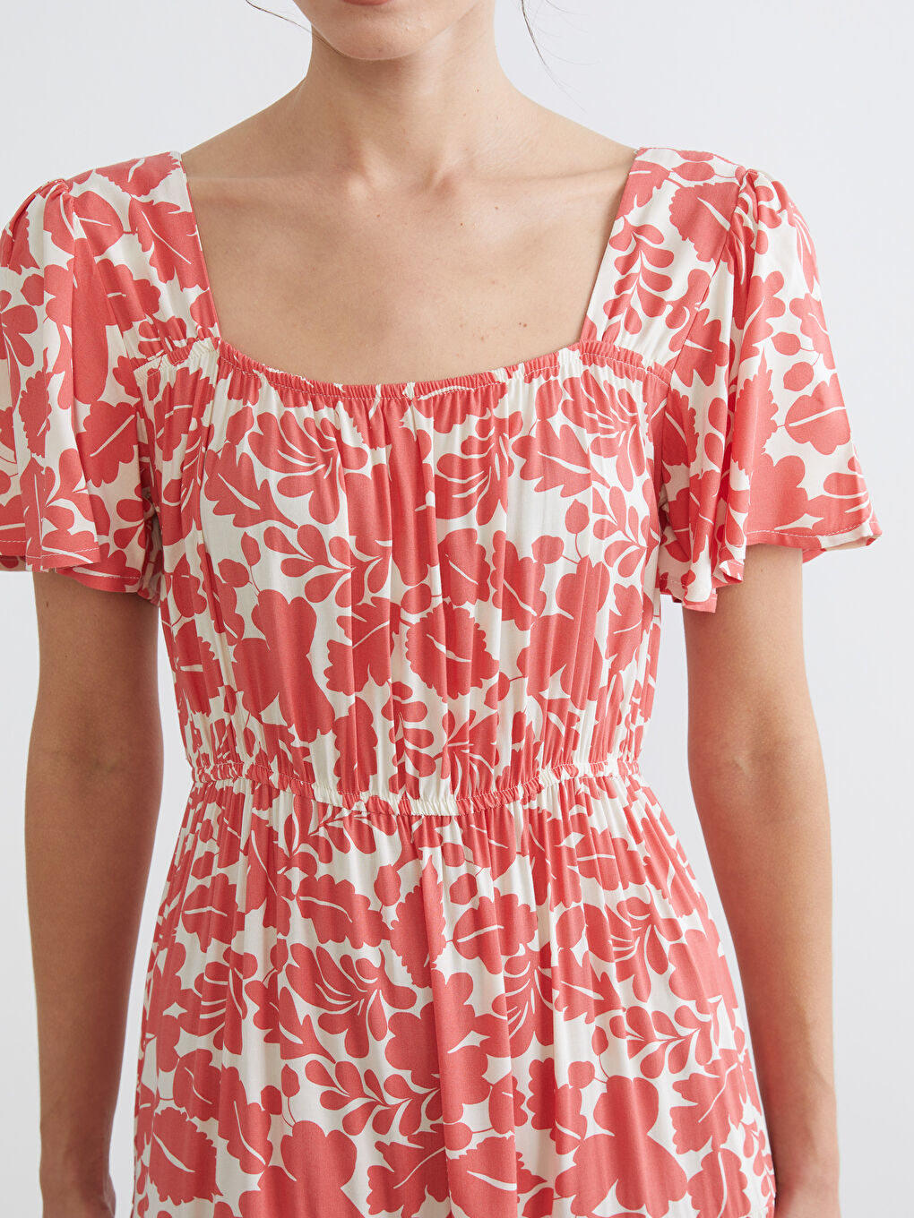 Rochie Maternitate Femei cu Talie Ajustată și Model Floral, Guler Pătrat-2