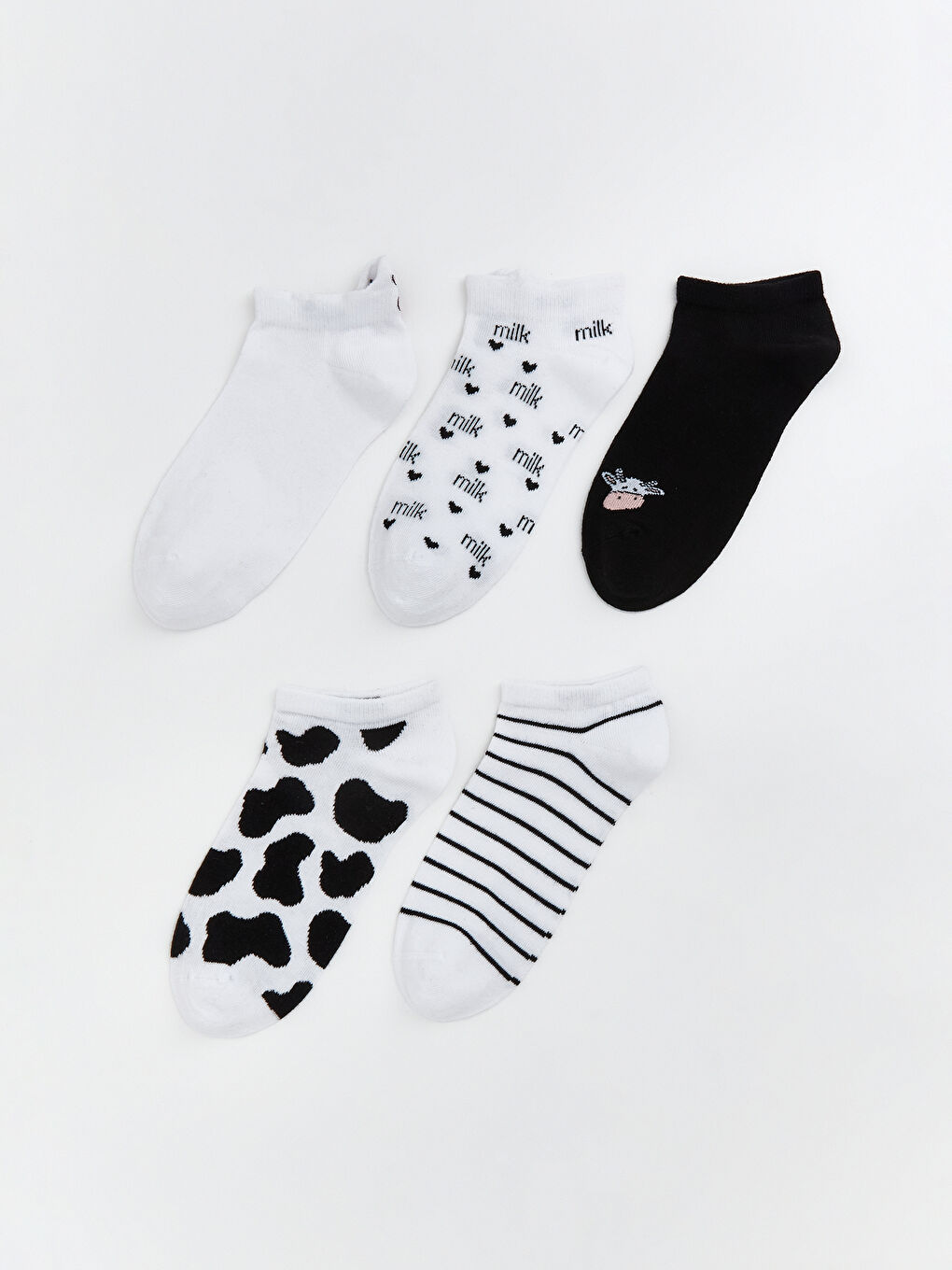 Beyaz Desenli Kadın Patik Çorap 5'li