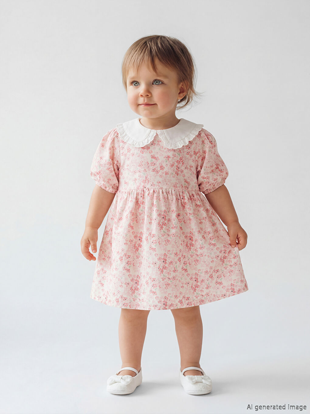 Ekru Kız Bebek Bebe Yaka Çiçekli Poplin Elbise-1