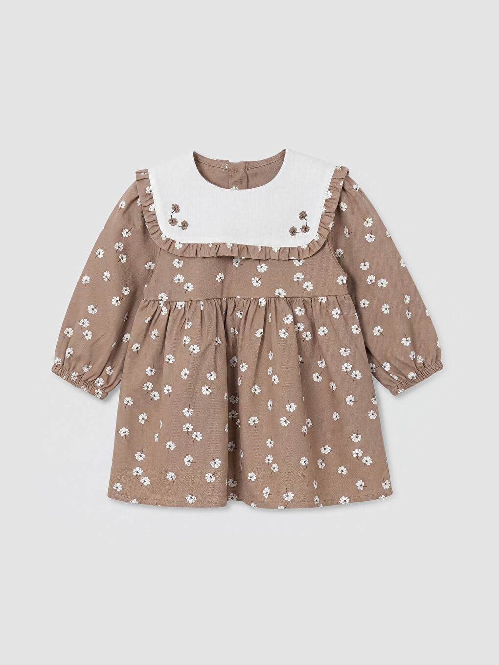 Kahverengi Bebe Yaka Çiçekli Kız Bebek Gabardin Elbise