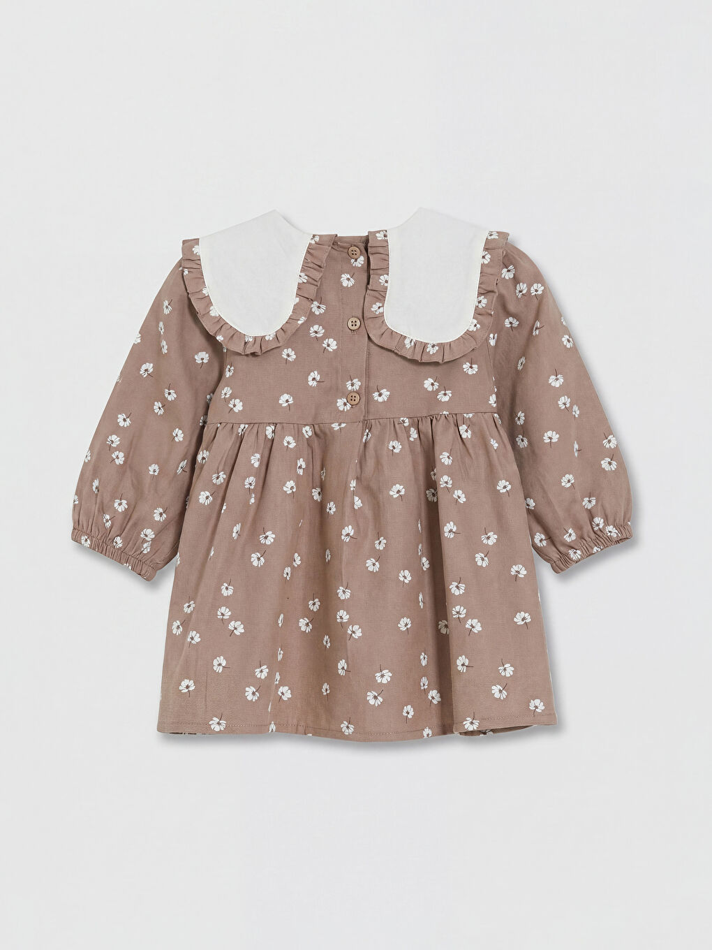 Kahverengi Bebe Yaka Çiçekli Kız Bebek Gabardin Elbise-1