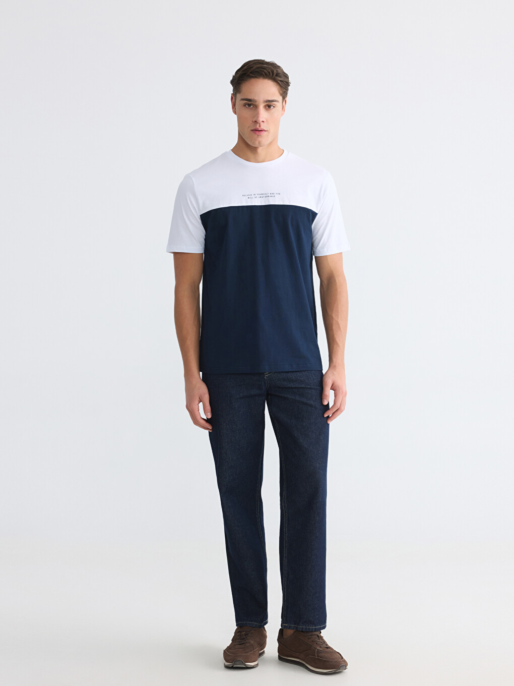 Tricou Bărbătesc Mânecă Scurtă Guler Rotund Bloc De Culoare-1