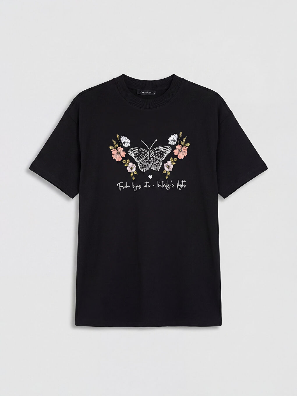 Siyah Bisiklet Yaka Baskılı Kadın Tişört