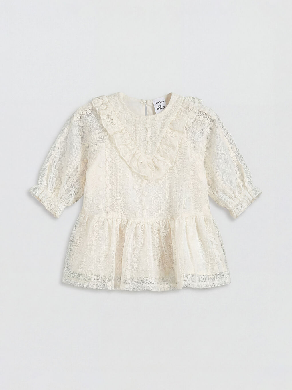 Ekru Bebe Yaka Dantelli Kız Bebek Elbise
