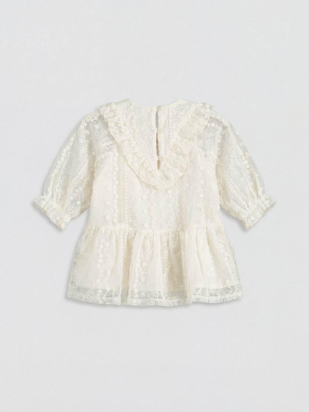 Ekru Bebe Yaka Dantelli Kız Bebek Elbise-1