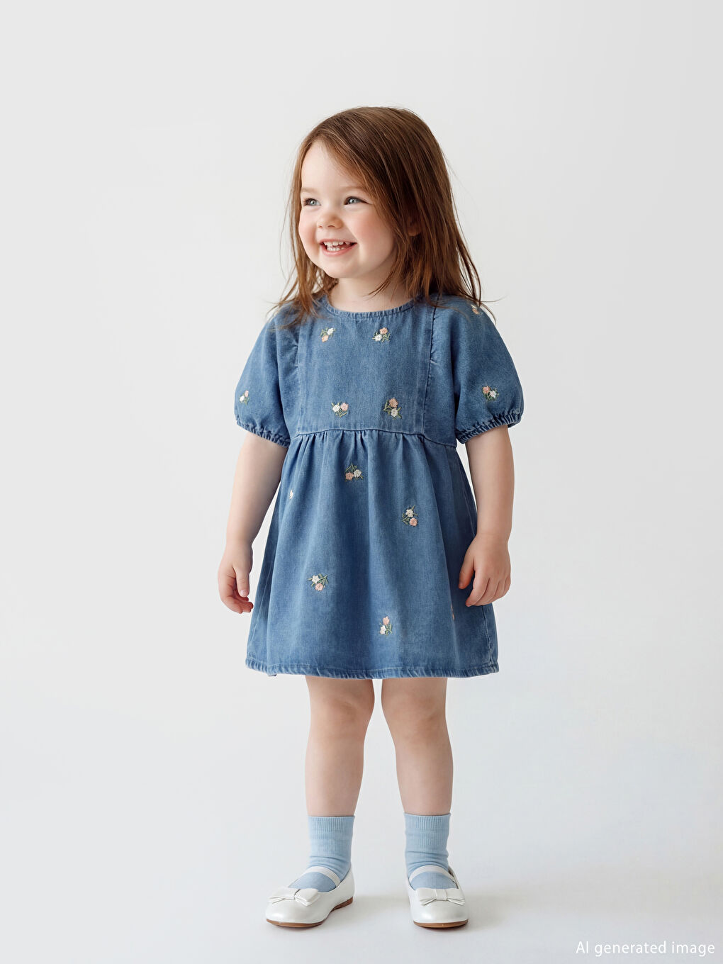 Floral denim dress for baby girls with a crew neck.