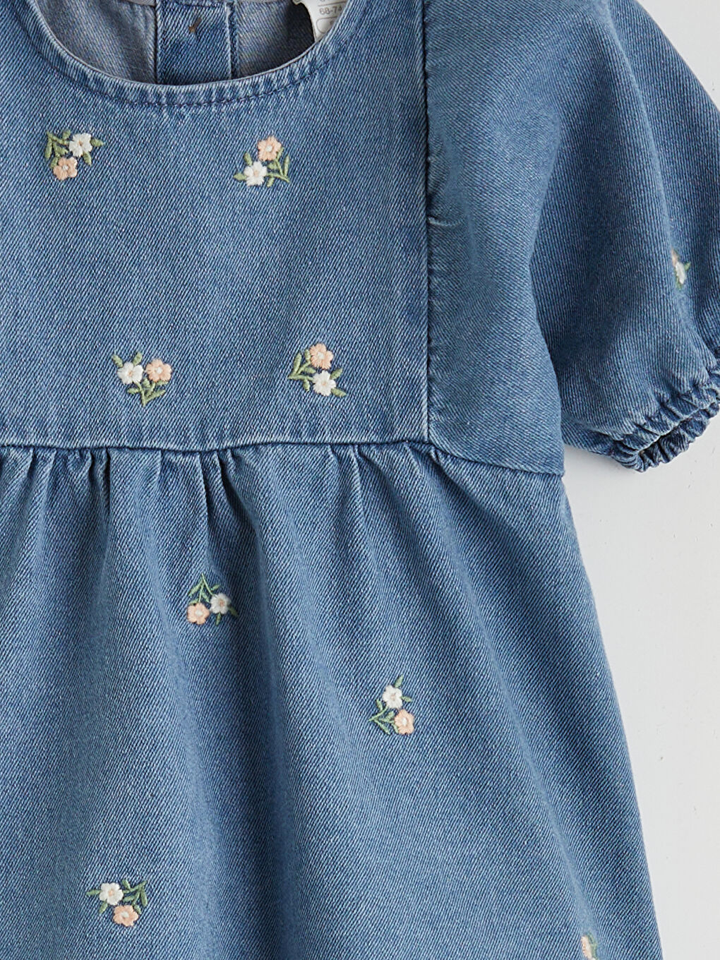 Mavi Bisiklet Yaka Çiçekli Kız Bebek Jean Elbise-2