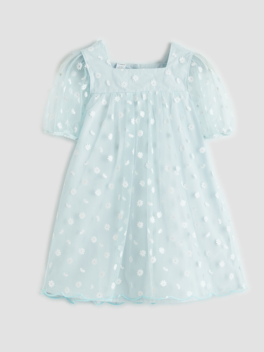 Mavi Kare Yaka Papatya Baskılı Kız Çocuk Tül Elbise