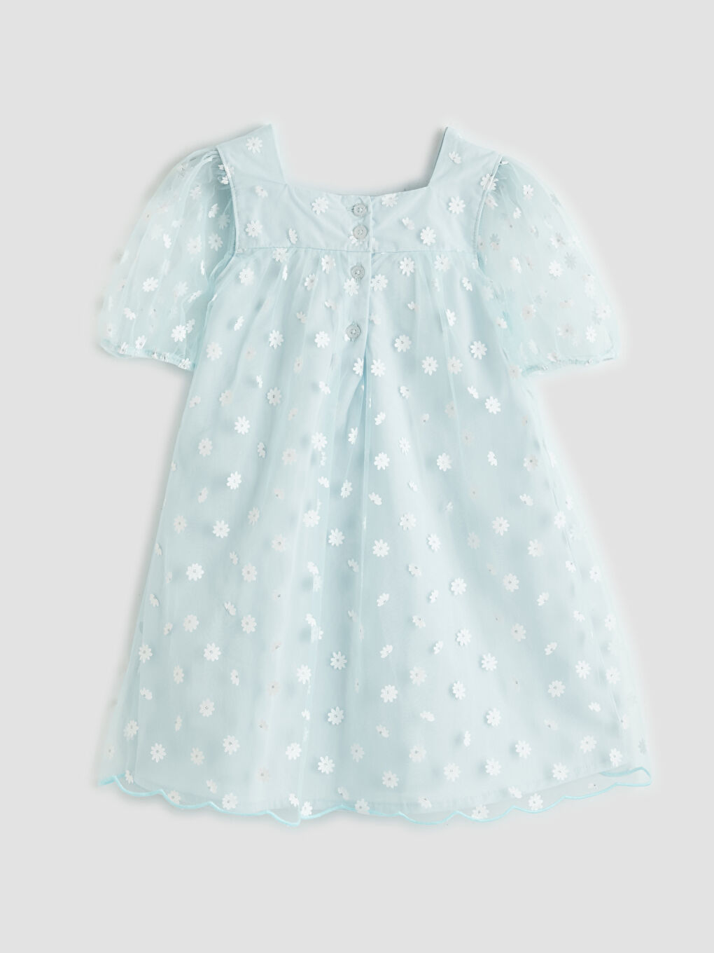 Mavi Kare Yaka Papatya Baskılı Kız Çocuk Tül Elbise-1