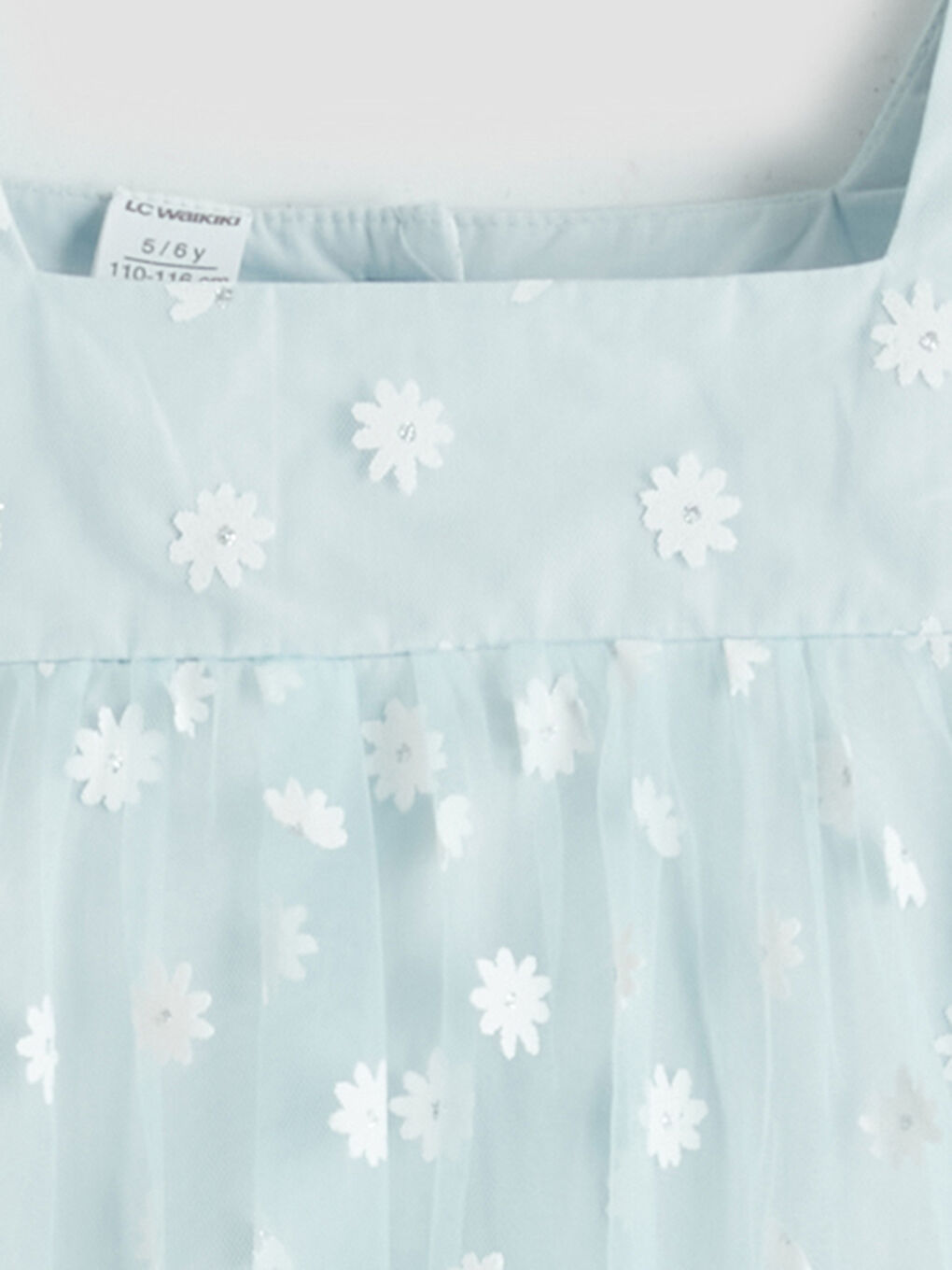 Mavi Kare Yaka Papatya Baskılı Kız Çocuk Tül Elbise-2