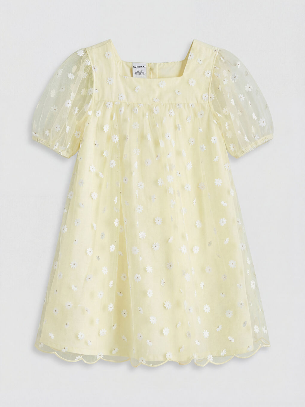 Sarı Kare Yaka Papatya Baskılı Kız Çocuk Tül Elbise	