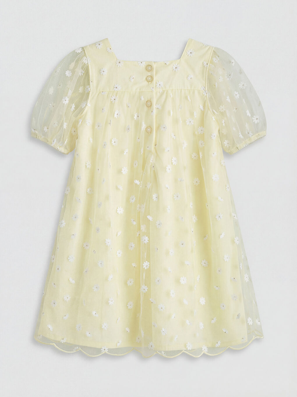 Sarı Kare Yaka Papatya Baskılı Kız Çocuk Tül Elbise	-1