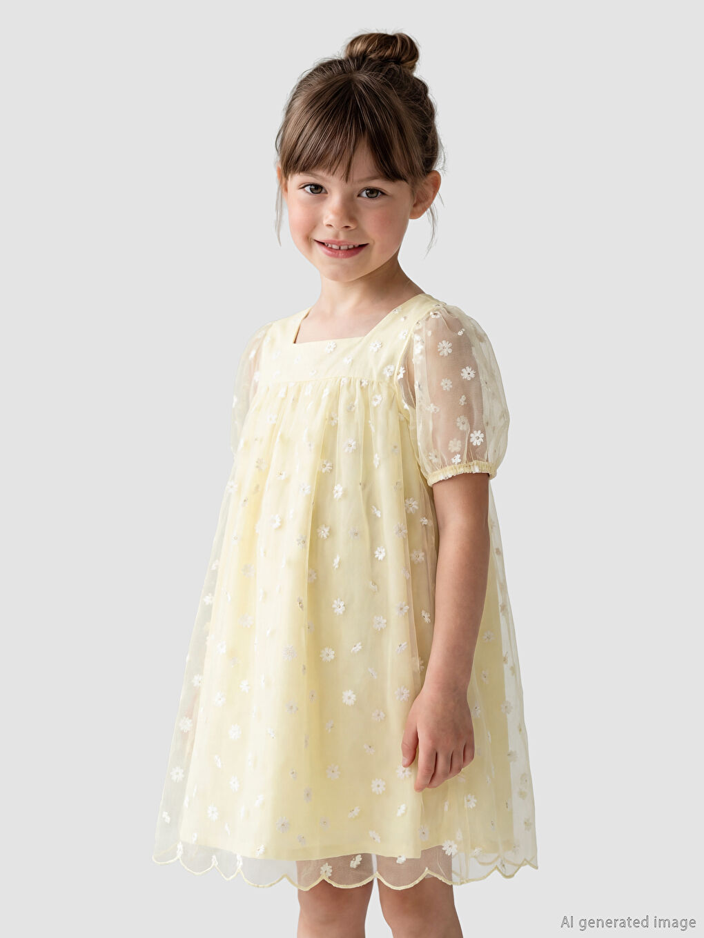 шаршы жағалы түймедақ принтті қыздарға арналған тюль көйлек-1