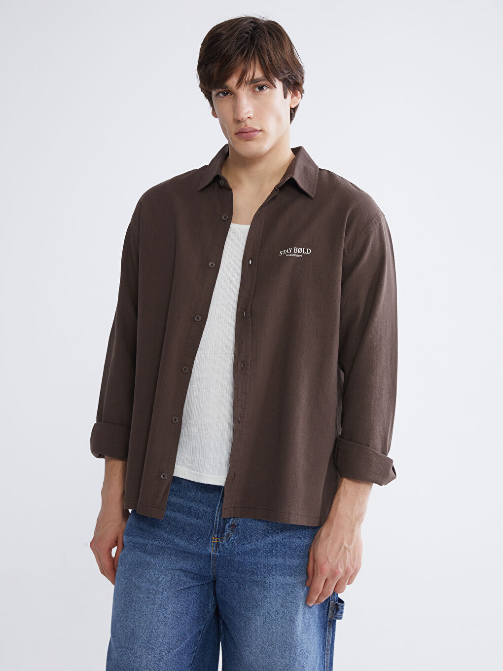 Kahverengi Loose Fit Nakışlı Erkek Gömlek