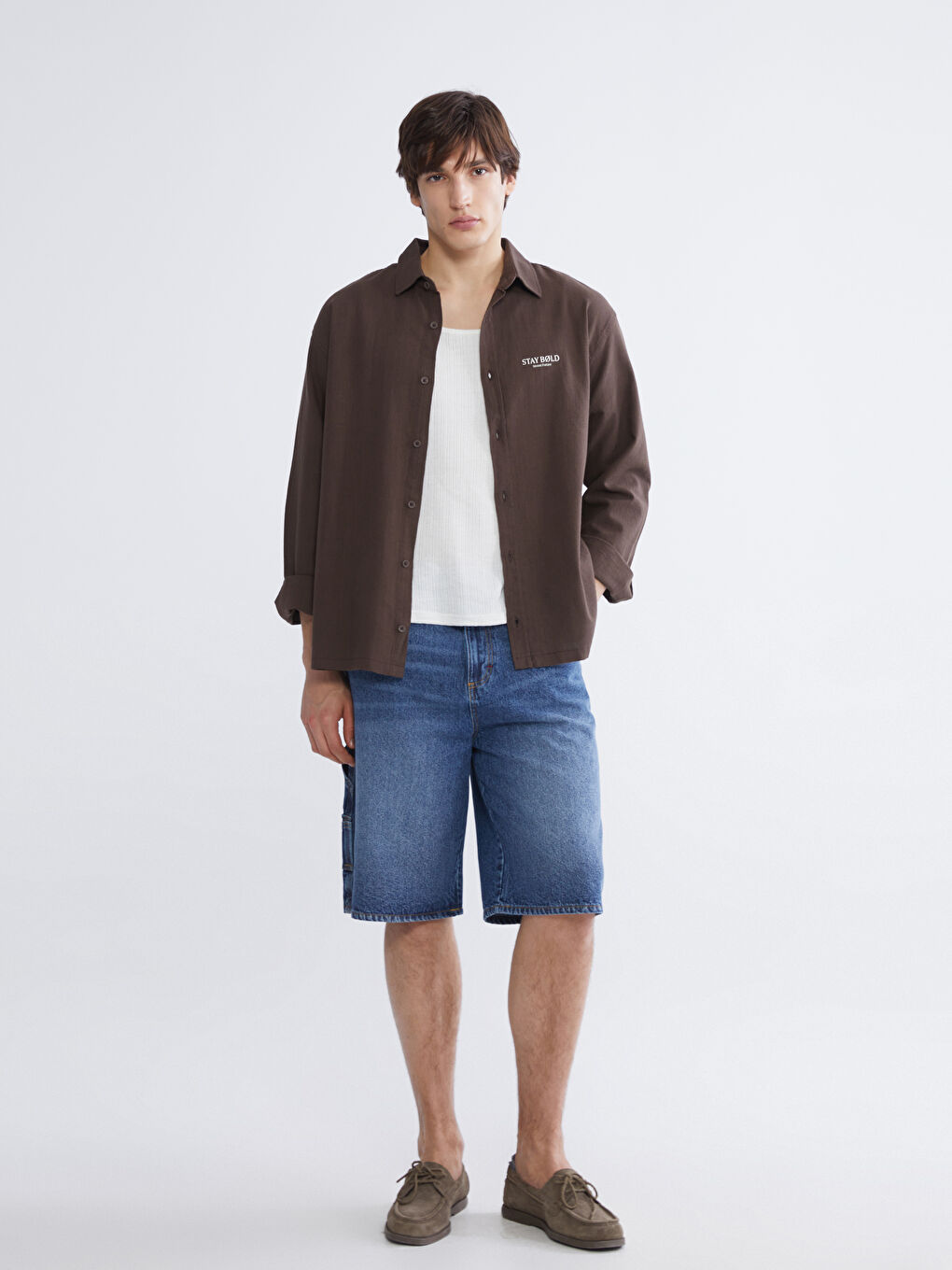 Kahverengi Loose Fit Nakışlı Erkek Gömlek-1