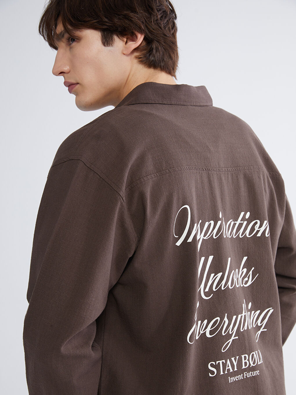 Kahverengi Loose Fit Nakışlı Erkek Gömlek-2