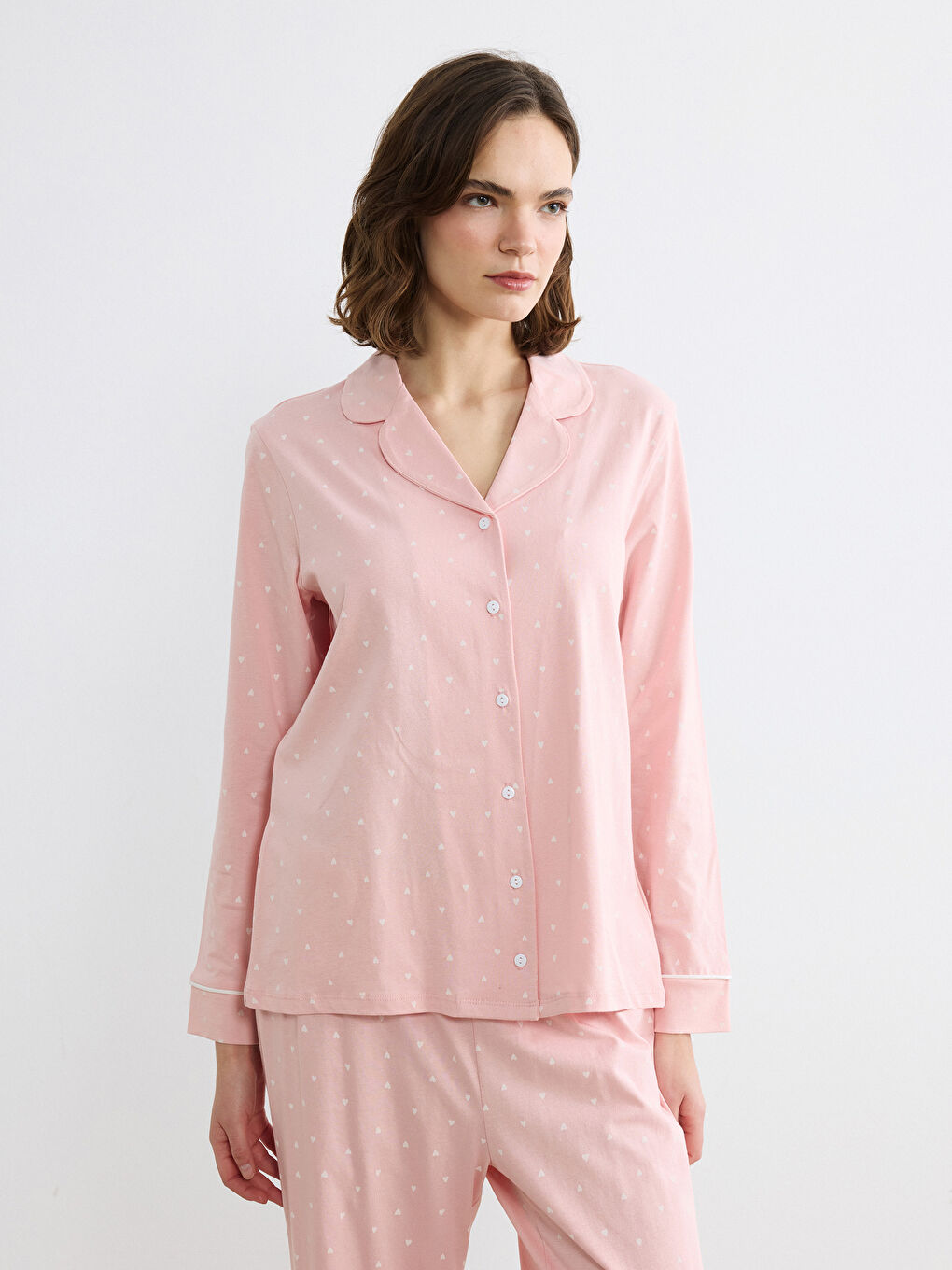 Collared Neck Heart Printed Women's Pyjama Set