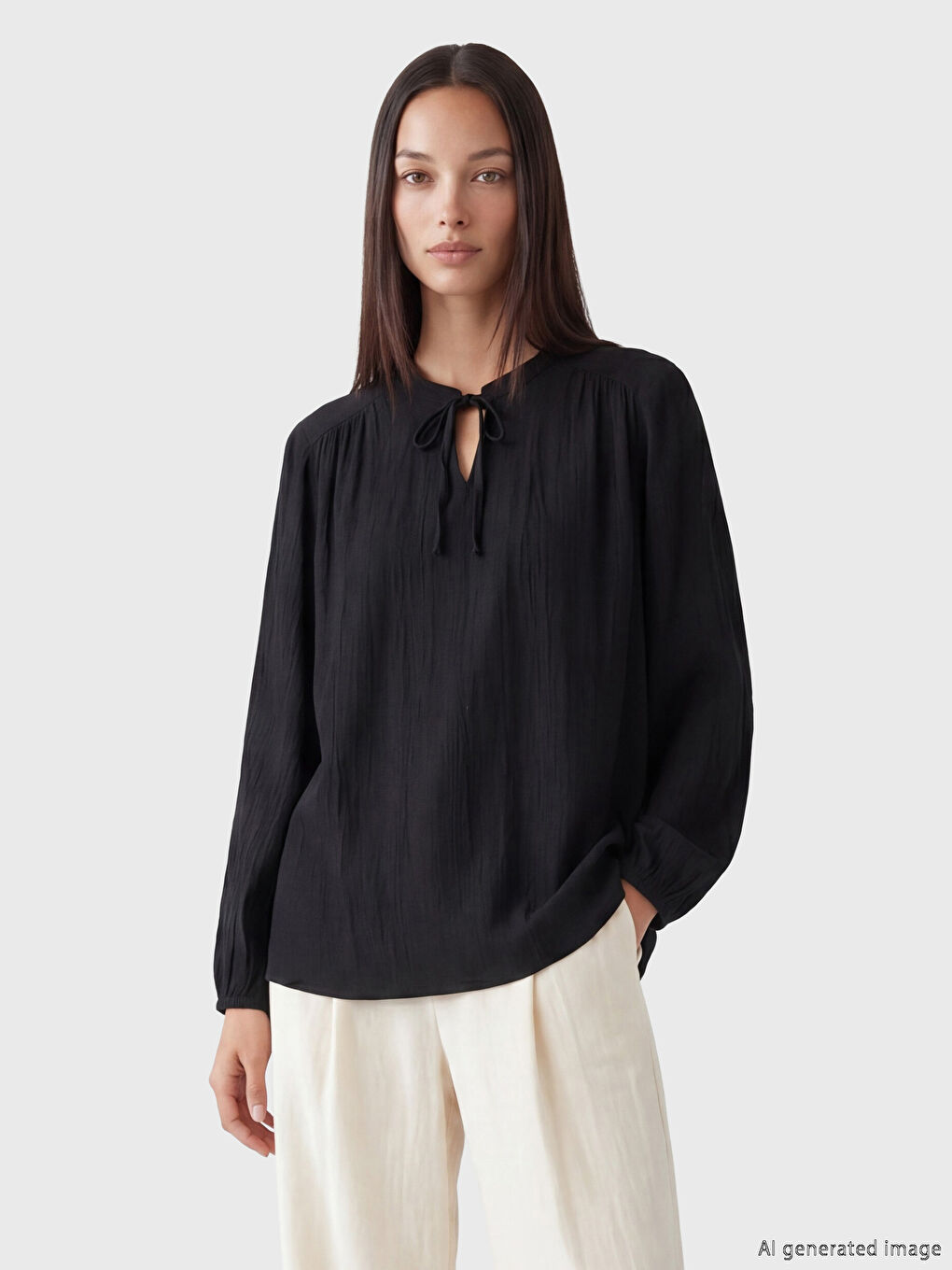 Women's Grandad Collar Long Sleeve Bow Blouse