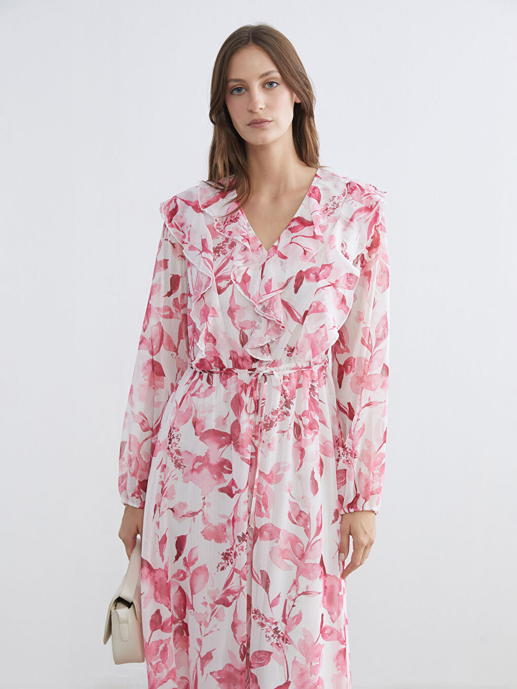 V Neck Floral Frilled Chiffon Dress-1