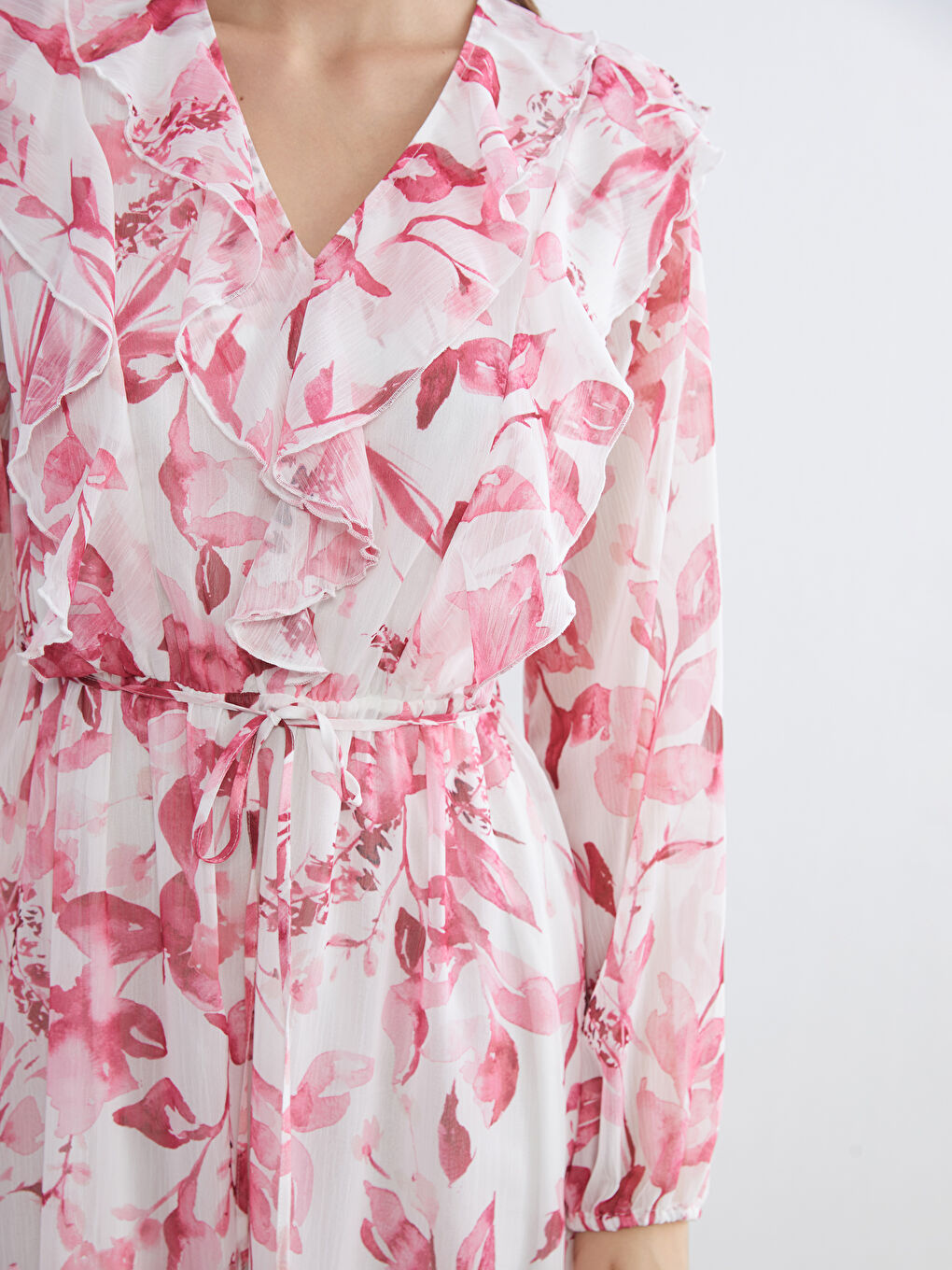 V Neck Floral Frilled Chiffon Dress-2
