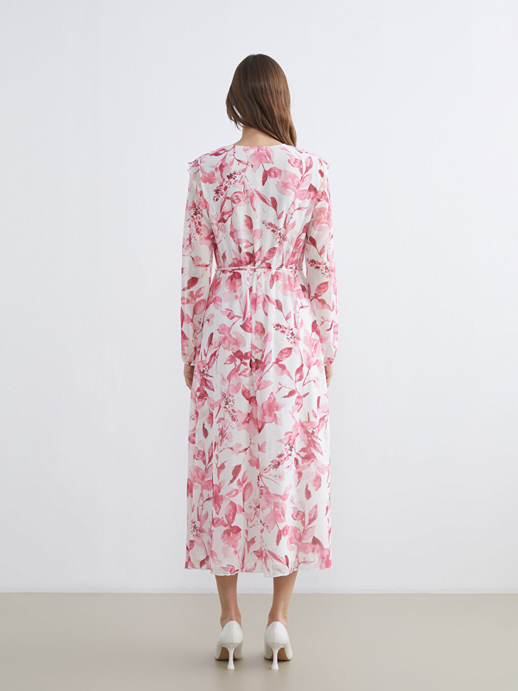 V Neck Floral Frilled Chiffon Dress-3