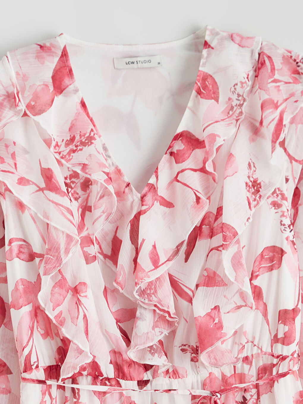 V Neck Floral Frilled Chiffon Dress-5