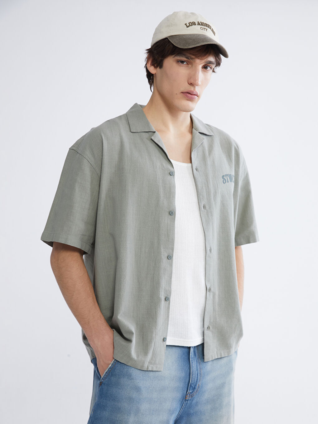 Haki Loose Fit Nakışlı Erkek Gömlek