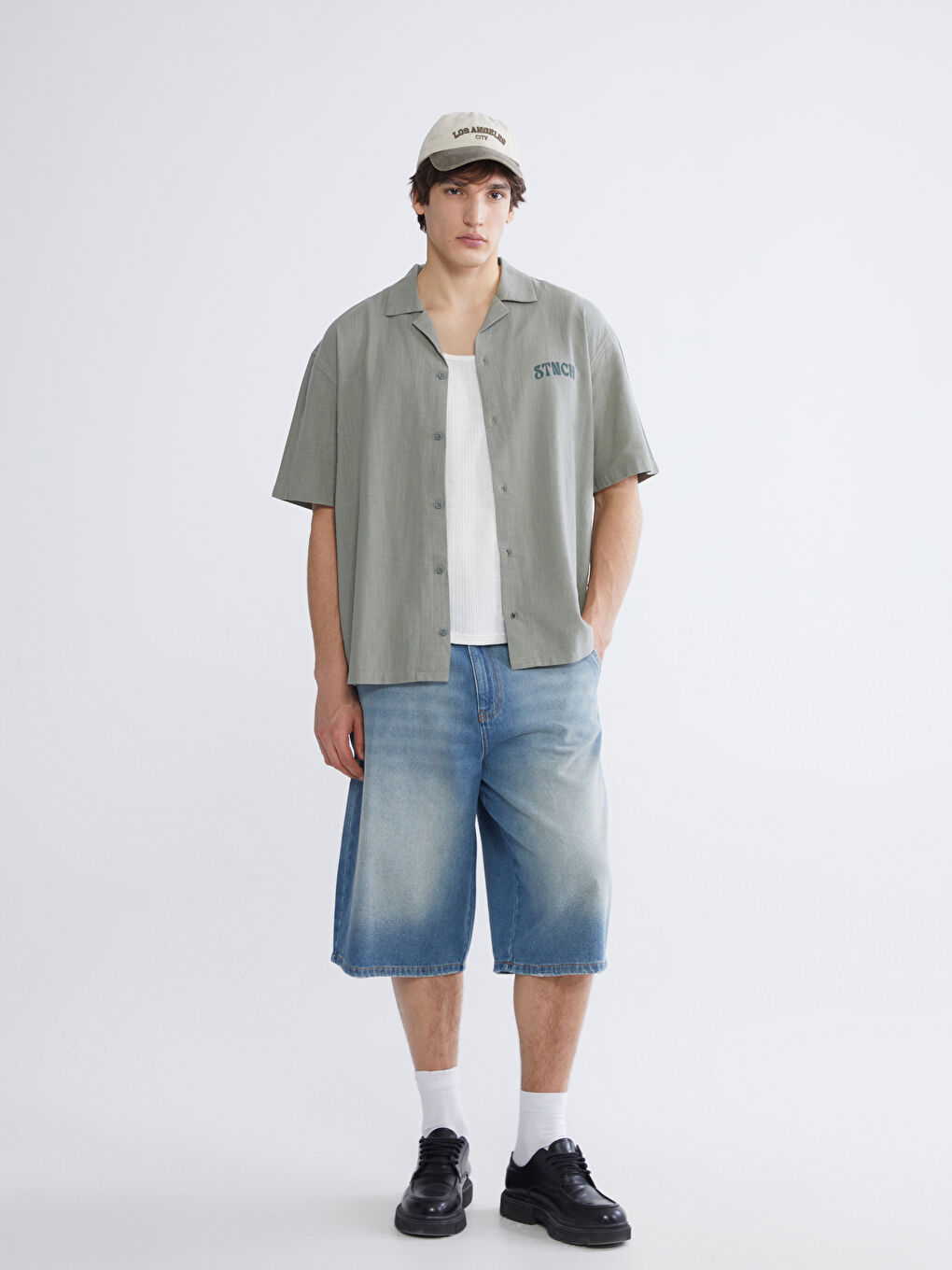 Haki Loose Fit Nakışlı Erkek Gömlek-1