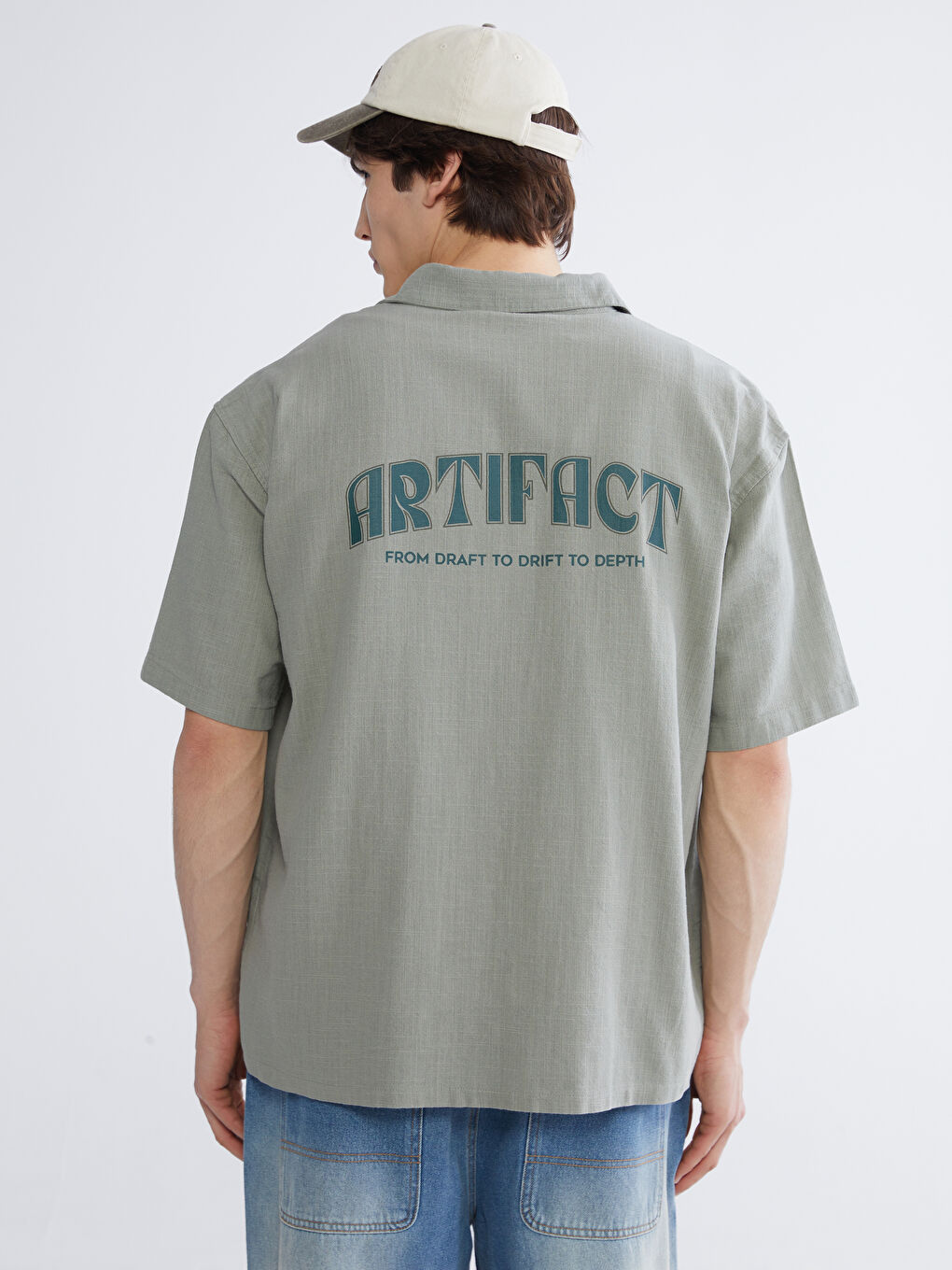 Haki Loose Fit Nakışlı Erkek Gömlek-3