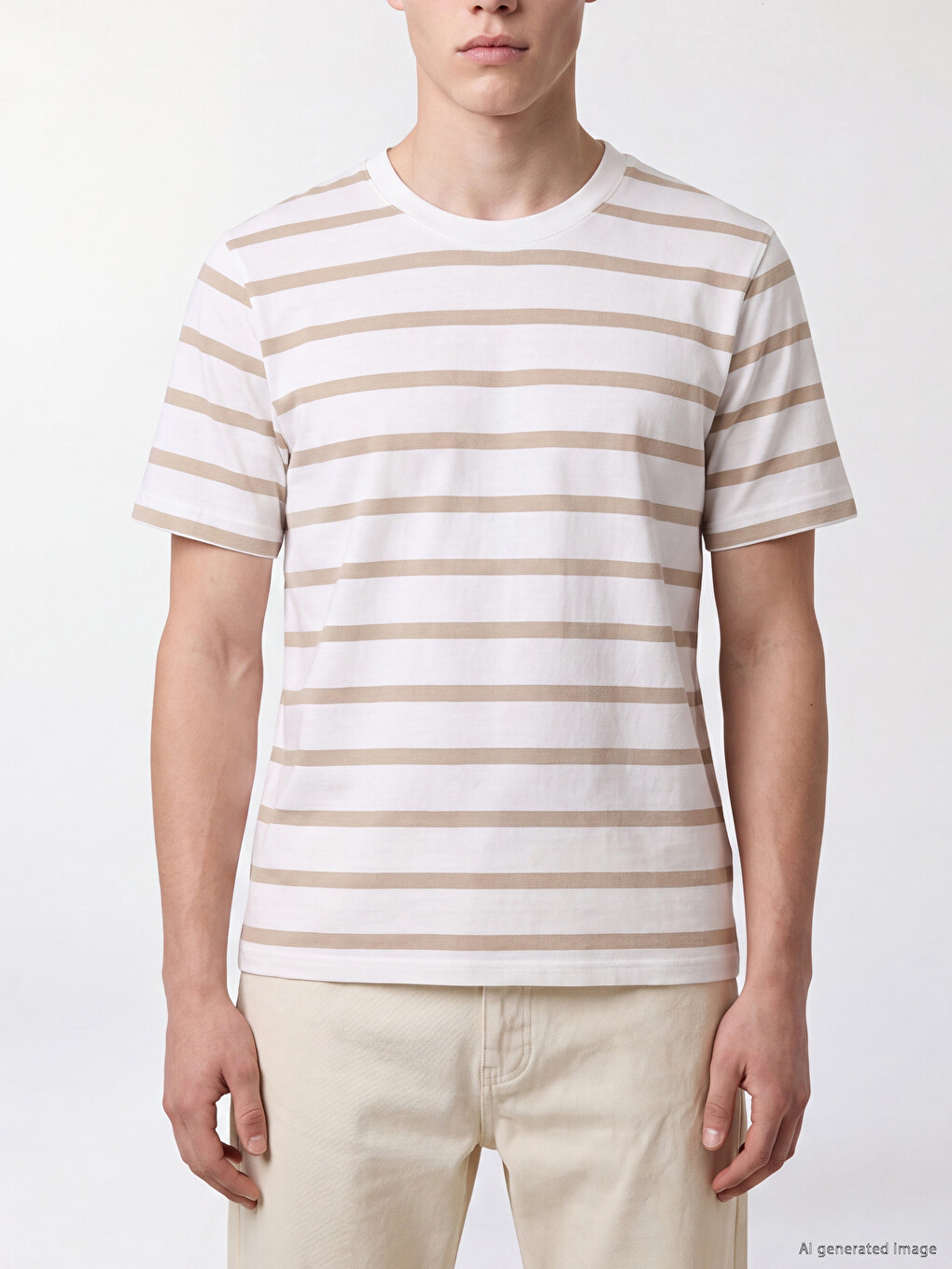 Tricou Vărgat Basic Cu Guler Rotund Pentru Bărbați-2