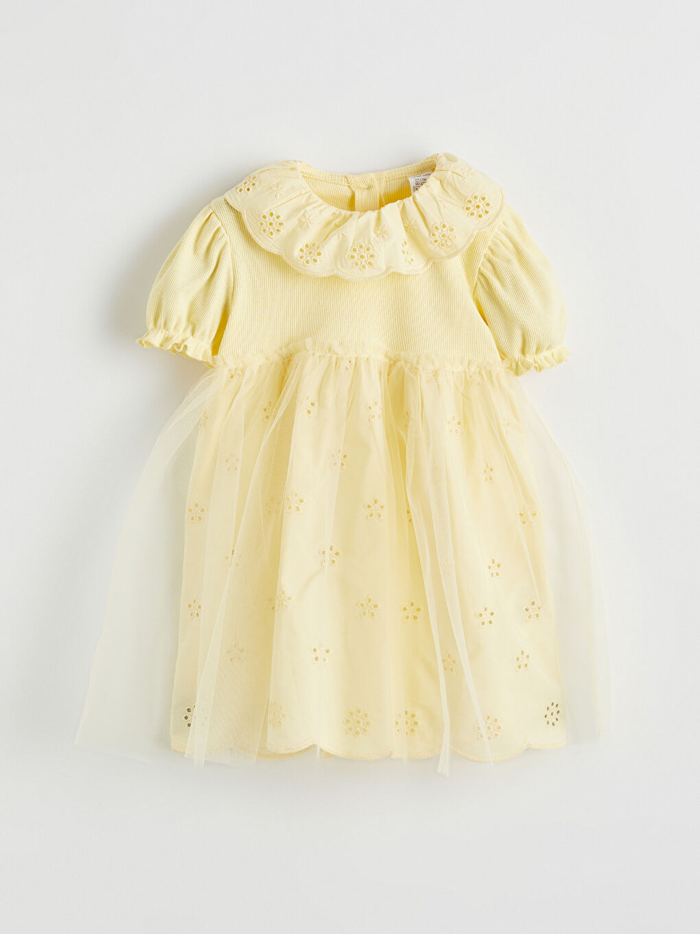 Sarı Tül Detaylı Bebe Yaka Kız Bebek Elbise