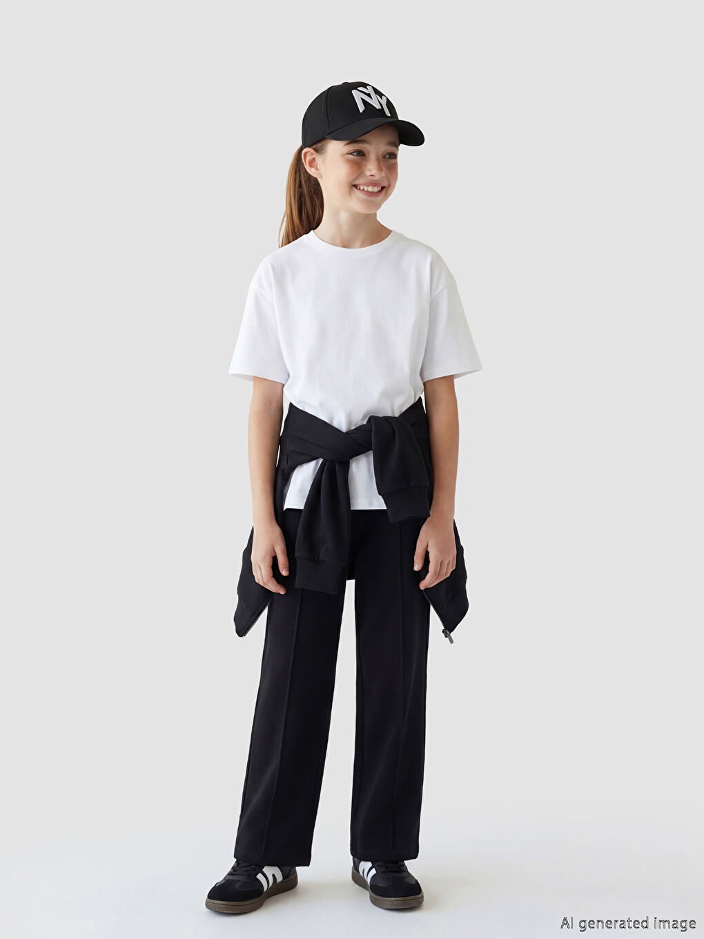 Beyaz Bisiklet Yaka Basic Kız Çocuk Tişört-1