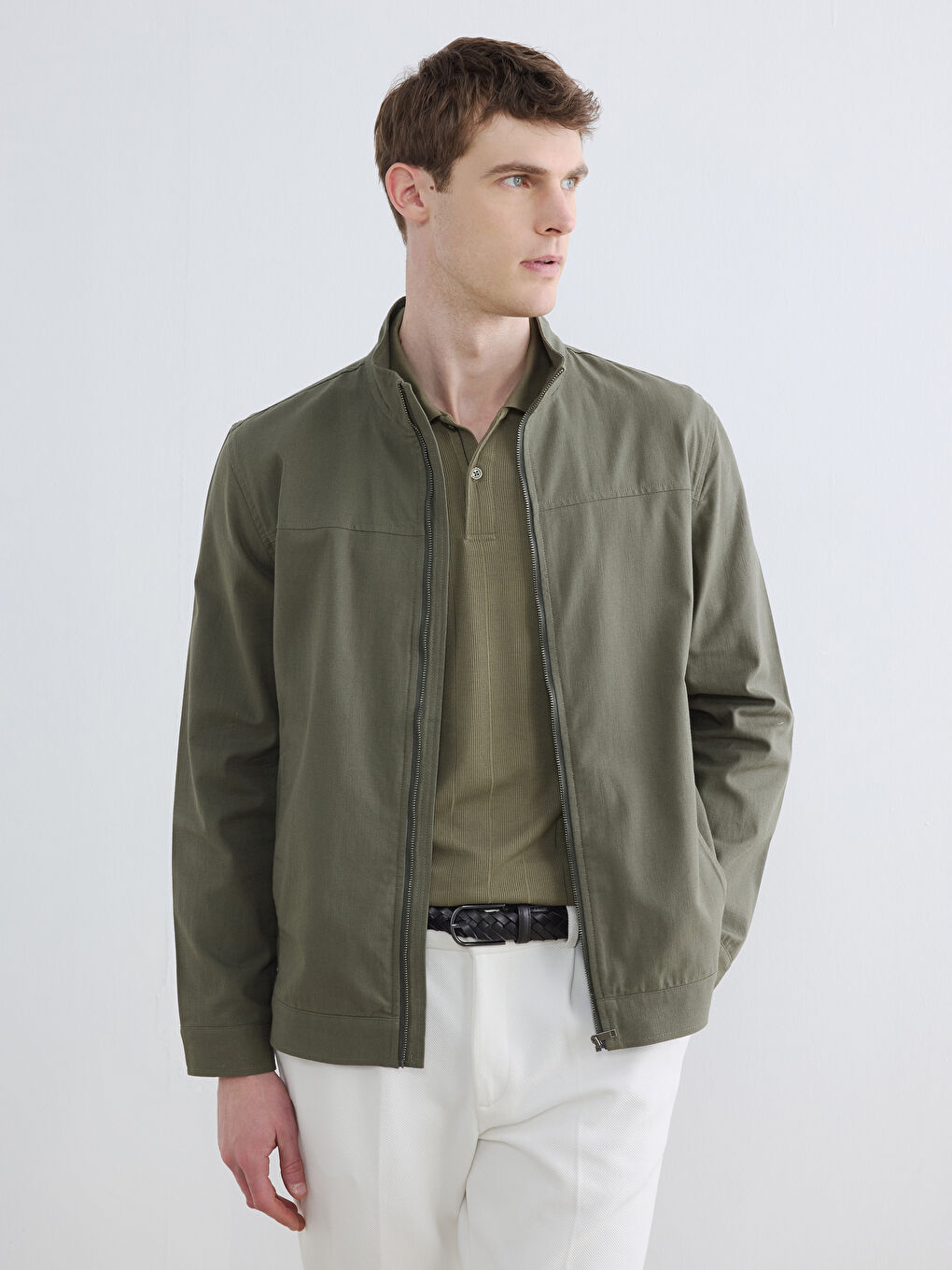 Haki Standart Kalıp Dik Yaka Erkek Mont