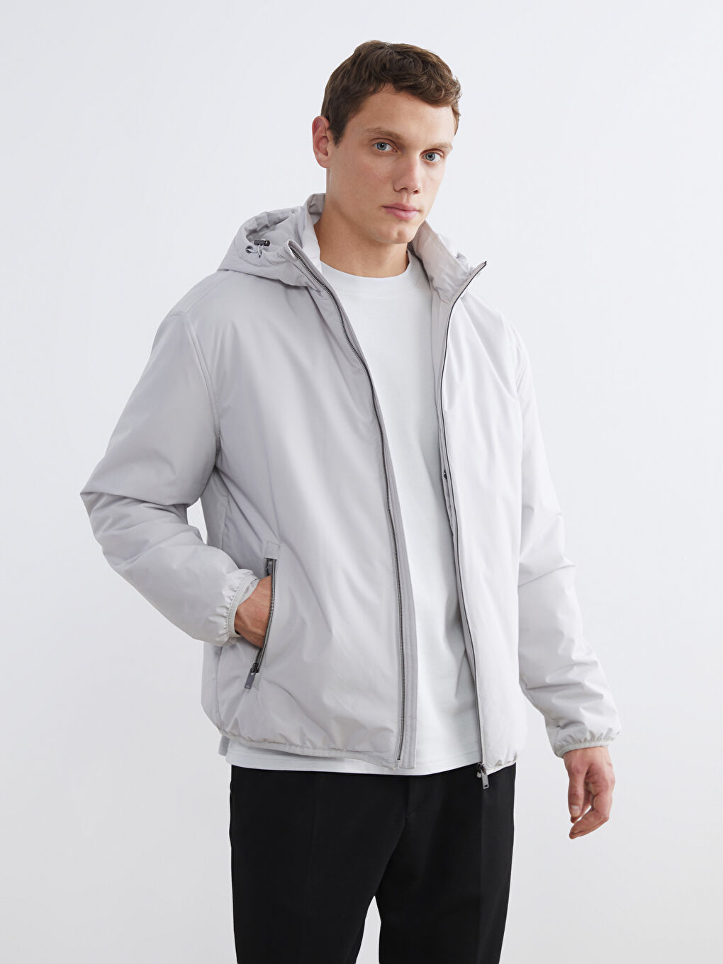 Bej Standart Kalıp Kapüşonlu Erkek Mont