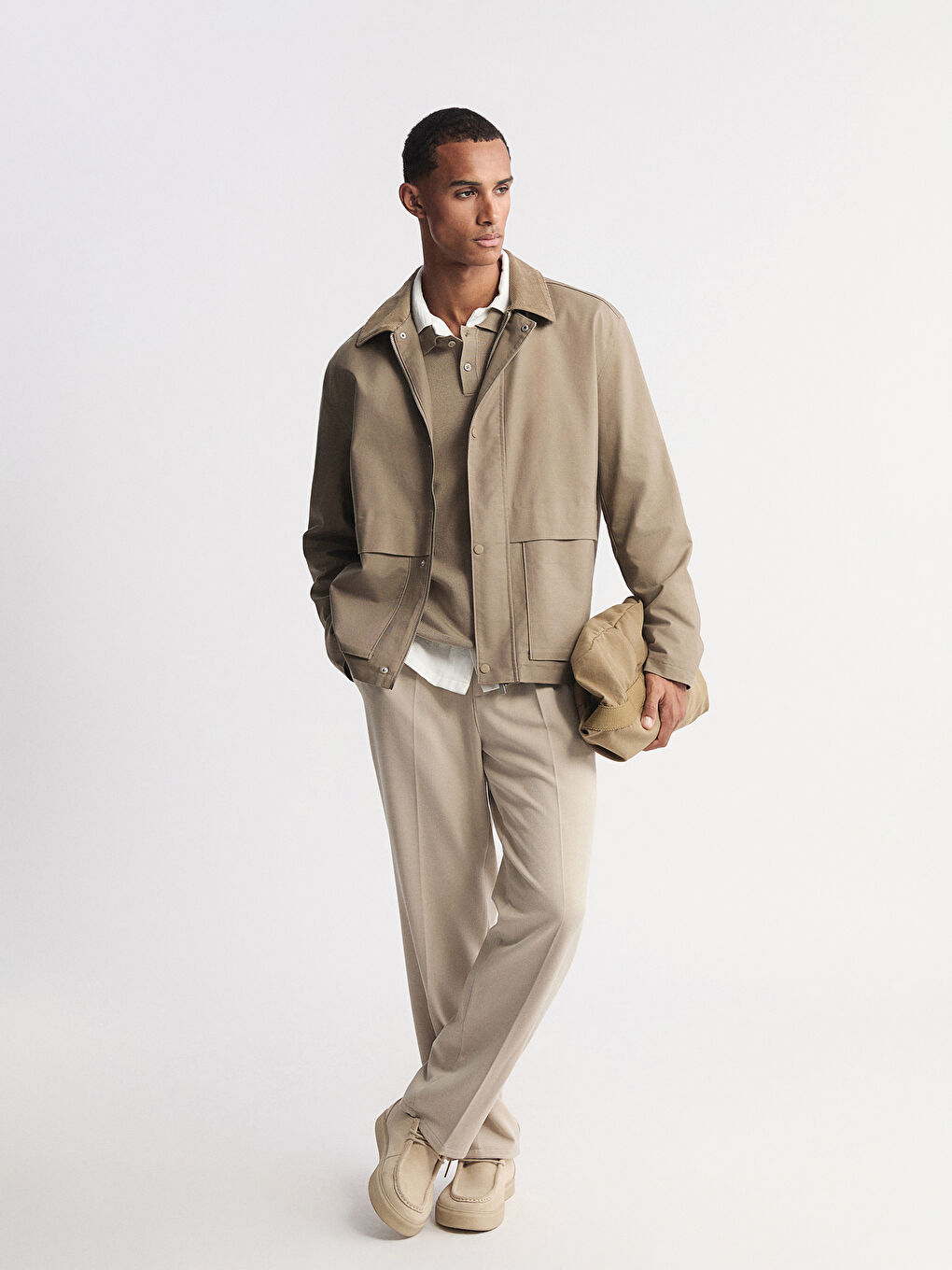 Bej Standart Kalıp Kadife Yaka Erkek Ceket-2