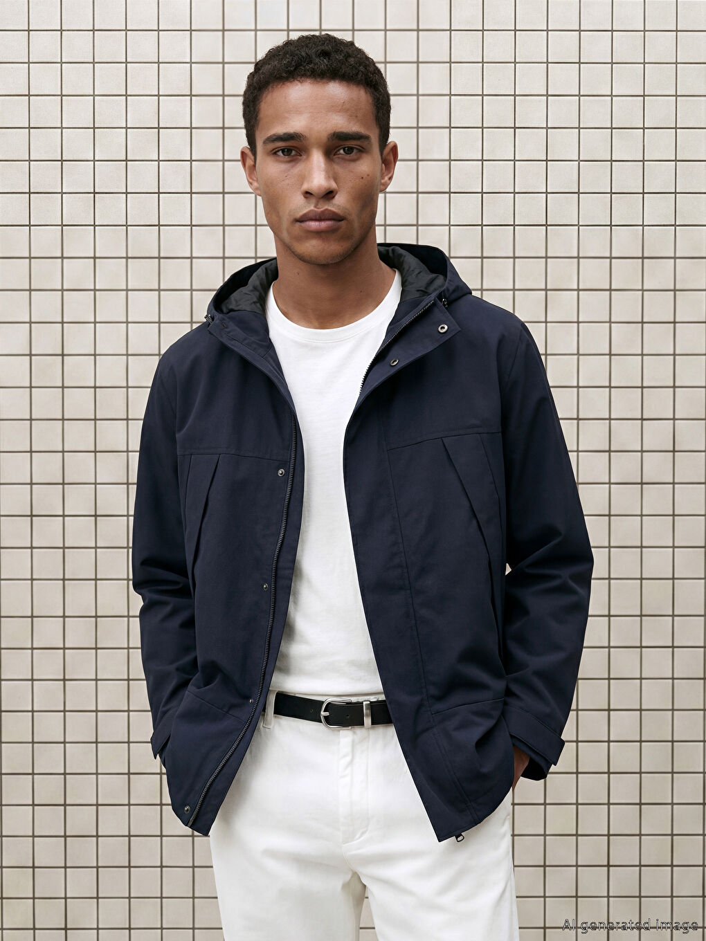 Lacivert Rahat Kalıp Kapüşonlu Erkek Yağmurluk