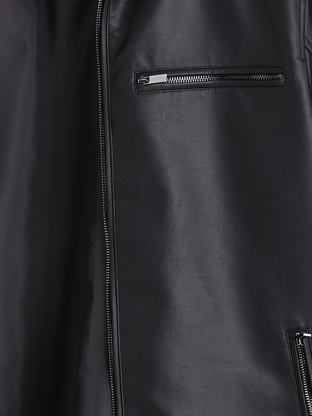 Siyah Standart Kalıp Dik Yaka Erkek Deri Görünümlü Mont-8