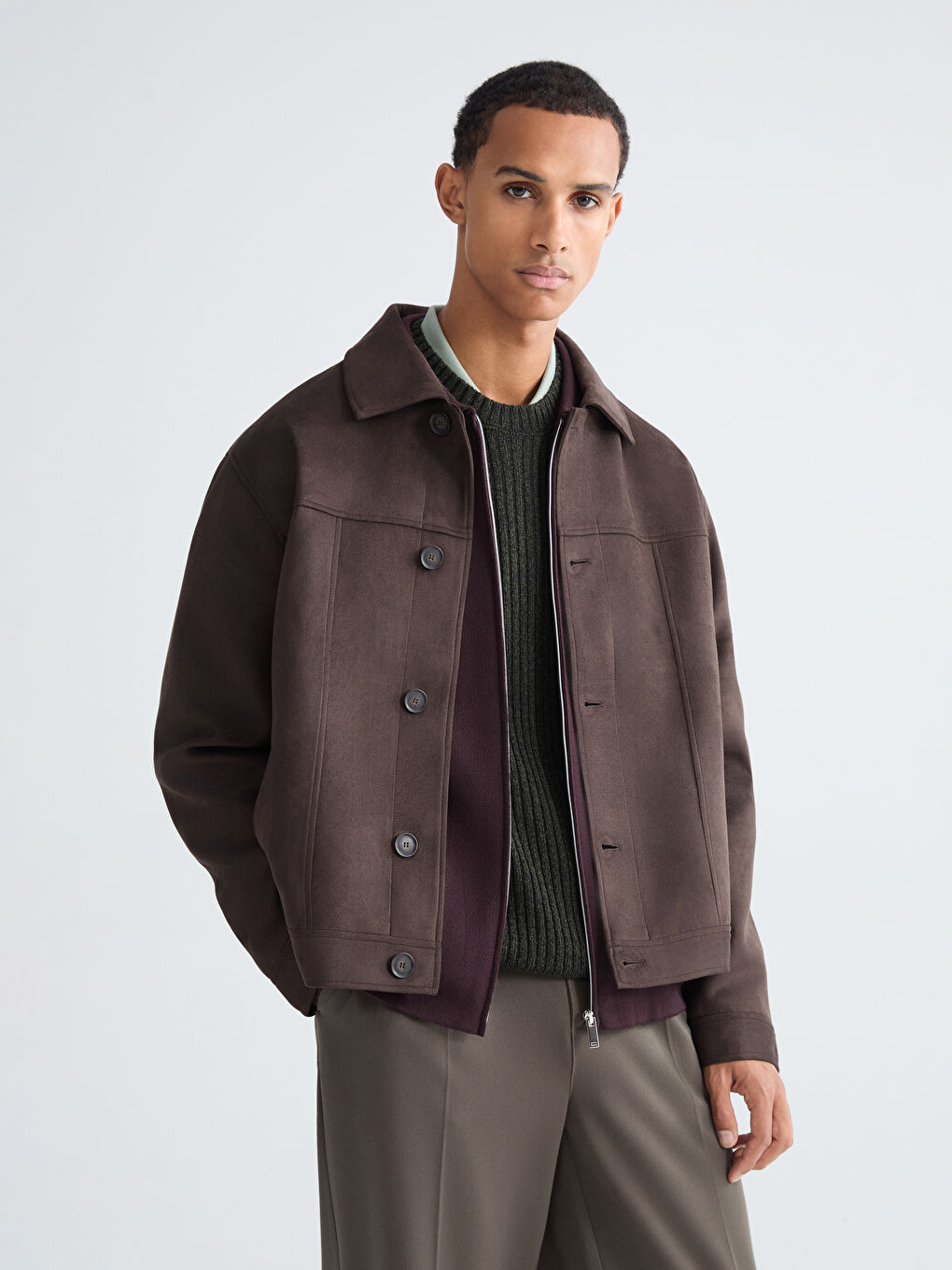 Kahverengi Rahat Kalıp Erkek Süet Mont