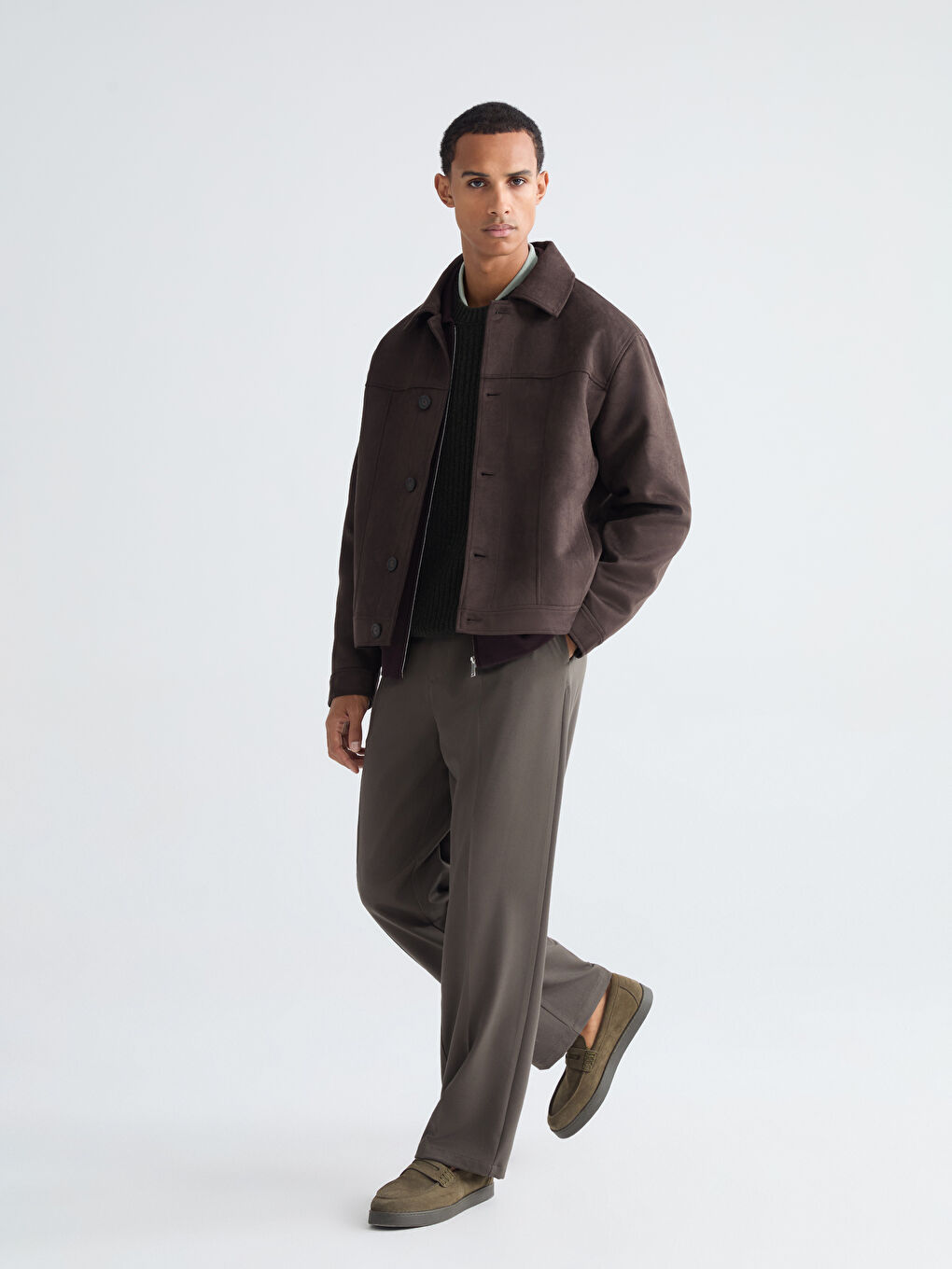 Kahverengi Rahat Kalıp Erkek Süet Mont-1