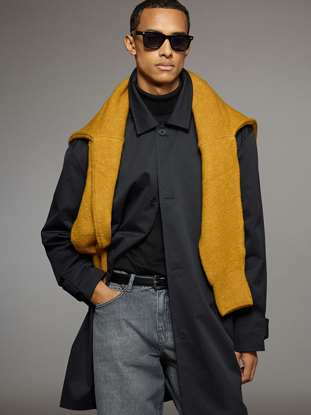 Siyah Bol Kalıp Erkek Trençkot-1