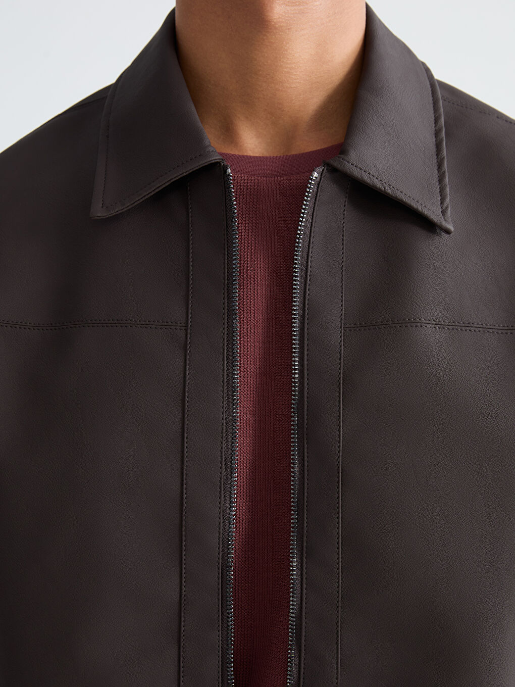 Kahverengi Standart Kalıp Erkek Deri Görünümlü Mont-2