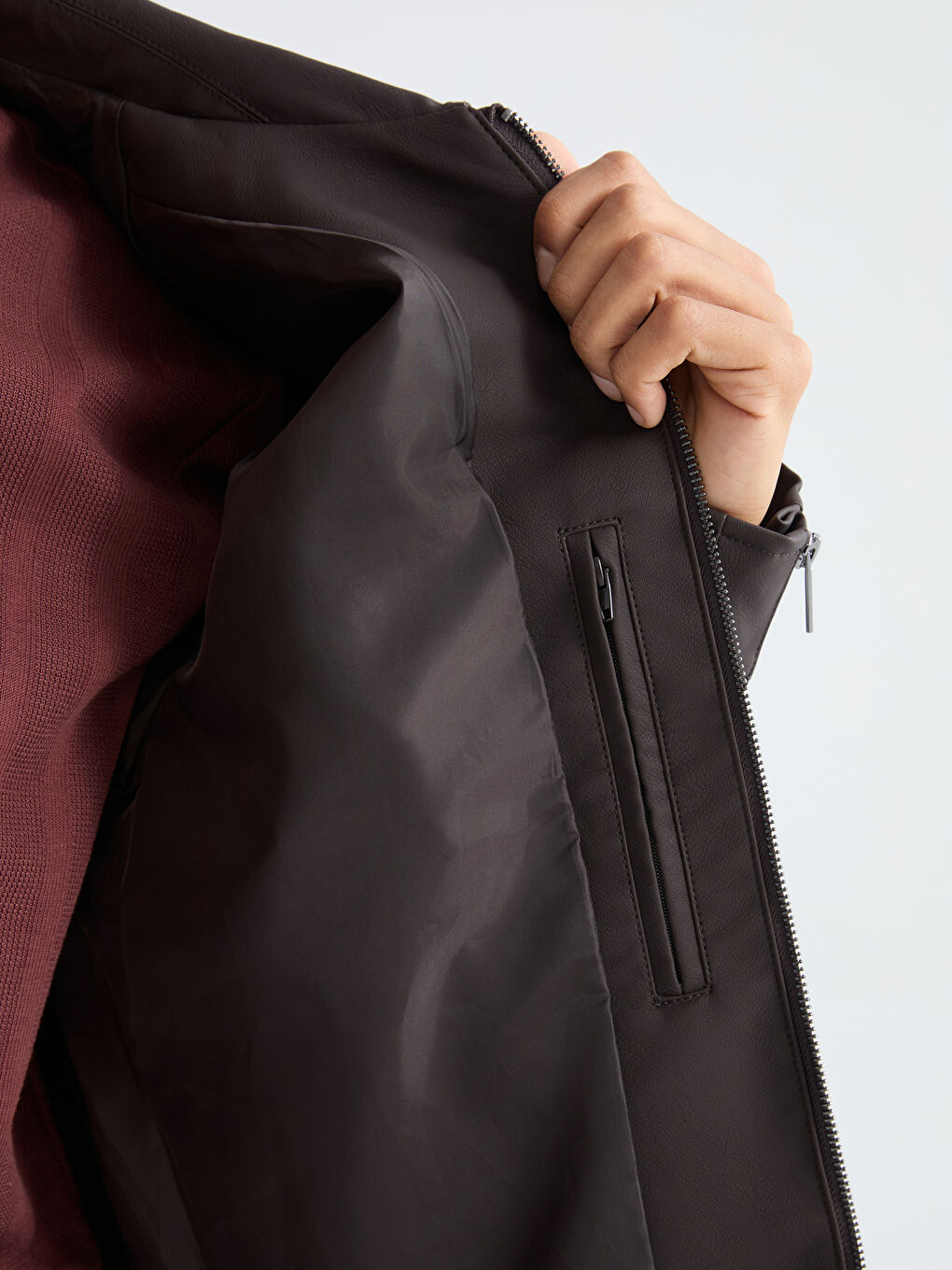 Kahverengi Standart Kalıp Erkek Deri Görünümlü Mont-3