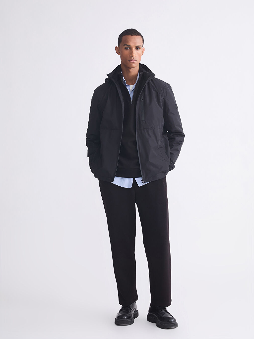 Lacivert Standart Kalıp Kapüşonlu Erkek Yağmurluk-1