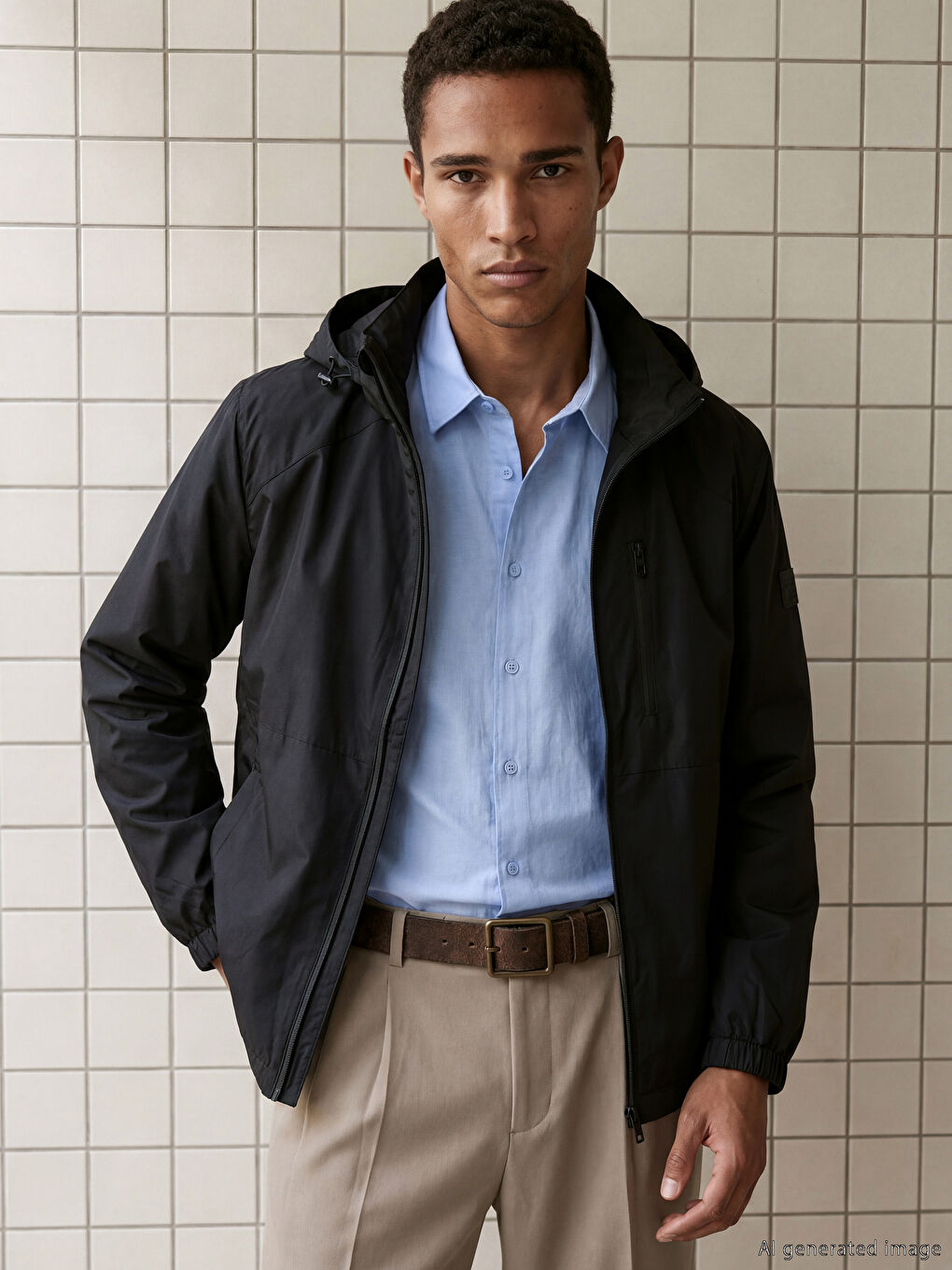 Lacivert Standart Kalıp Kapüşonlu Erkek Yağmurluk