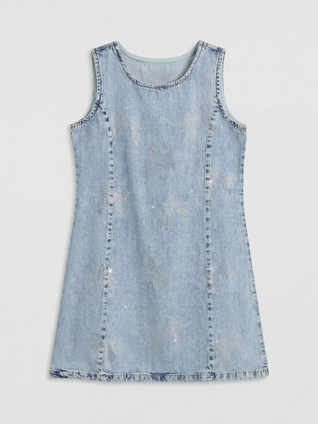 Mavi Fiyonk Taşlı Kız Çocuk Jean Elbise-1