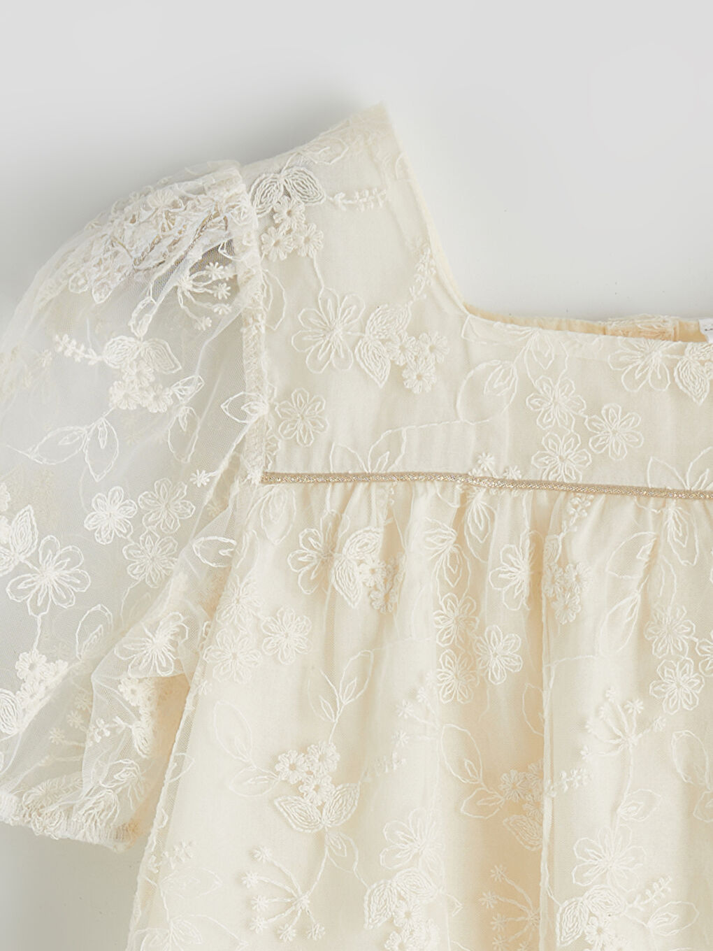 Bej Kız Çocuk Nakışlı Dantel Elbise-1