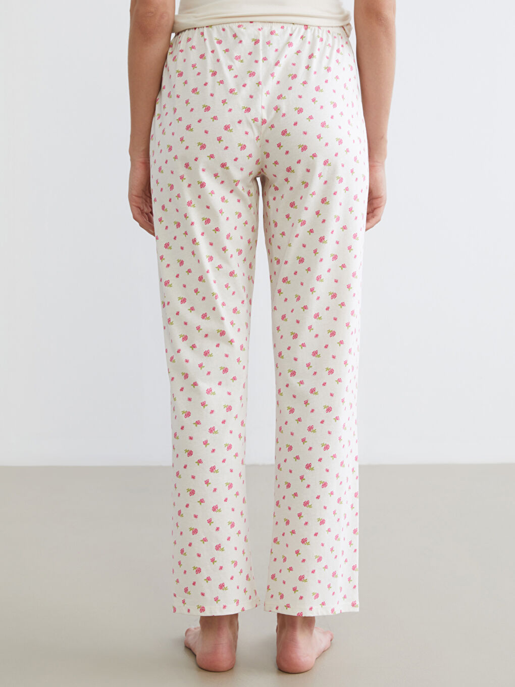 Ekru Beli Lastikli Çiçekli Kadın Pijama Altı-3
