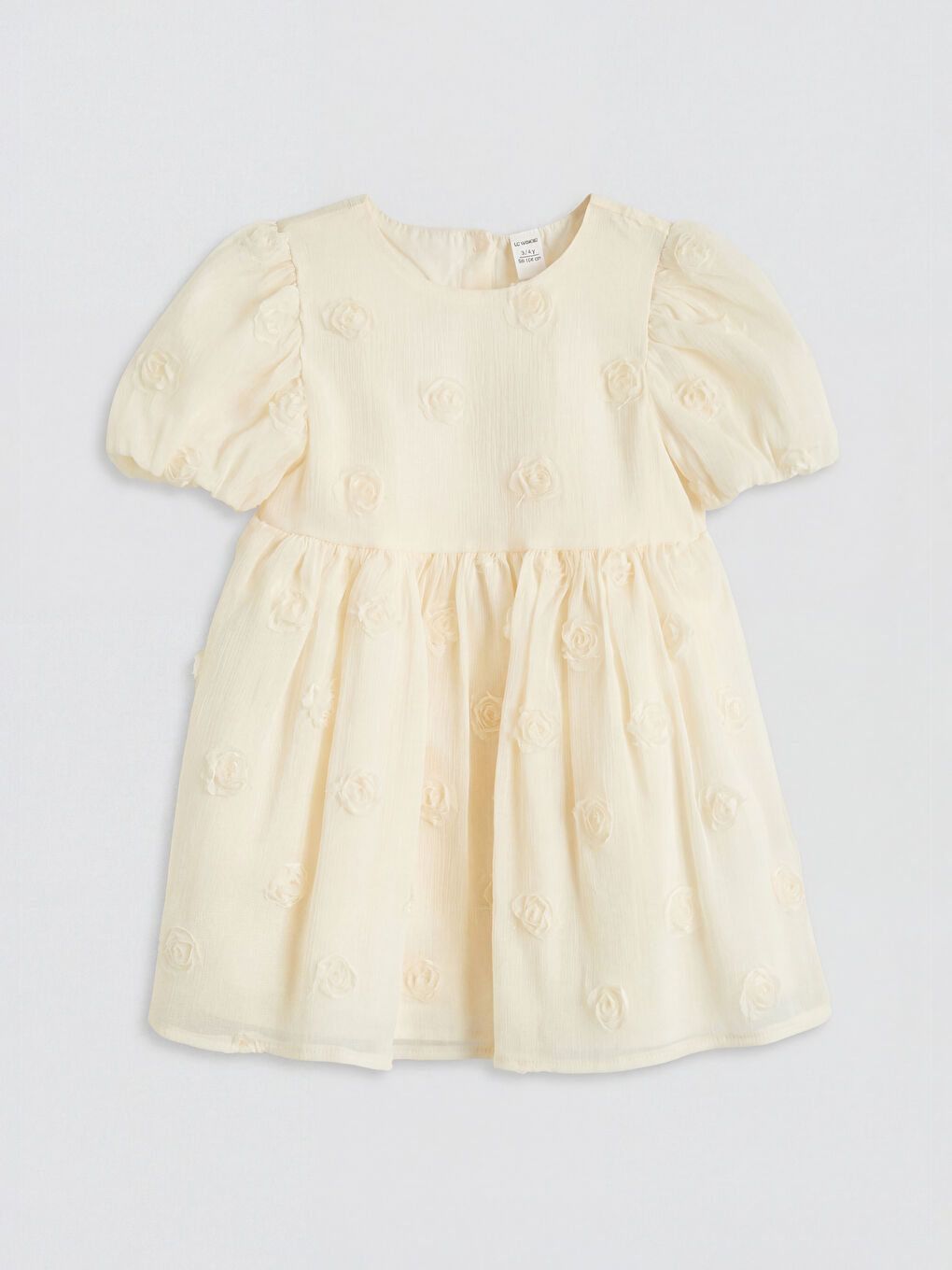 Bej Çiçek Kabartmalı Kız Çocuk Elbise
